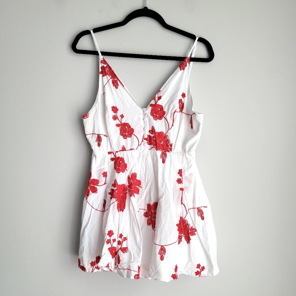 Style Rack White Cotton Red Floral Embroidered Sleeveless Boho Romper